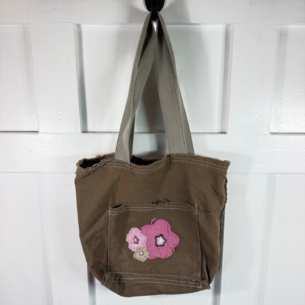 Thirty One Retired Retro Metro Small Canvas Tote Bag Pink Flower Appliquรฉ Brown